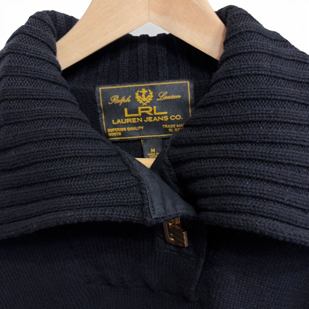 LRL Ralph Lauren Black Label Cable Knit Sweater Shawl Collar‎ Brass Equestrian M